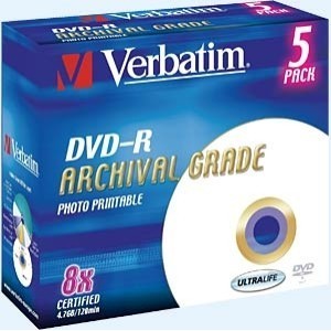 Support 1x5 8x Verbatim DVD-R 4.7 GB 8x Speed ​​JC, photo printable. 4.7 GB 5 Pack (43638)