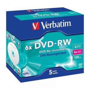 Storage Media Verbatim DVD-RW 4.7 GB (pack of 5) 6x certified, single layer, crystal box