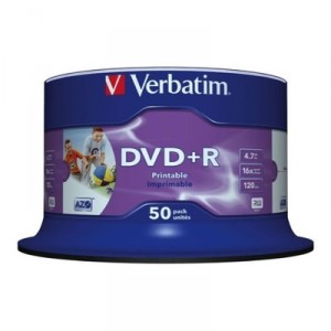 Support VERBATIM DVD+R 4,7 Go 16x imprimable jet d'encre Cakebox 50 pcs. Lot de 50 (23942435129)