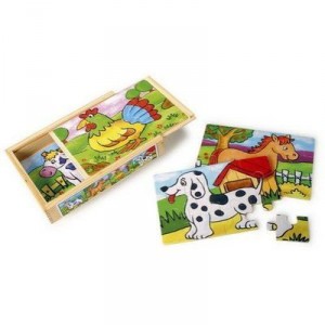 Small Foot Design Set of 2 wooden boxes, each containing four 12-piece puzzles, pets and wild animals ...